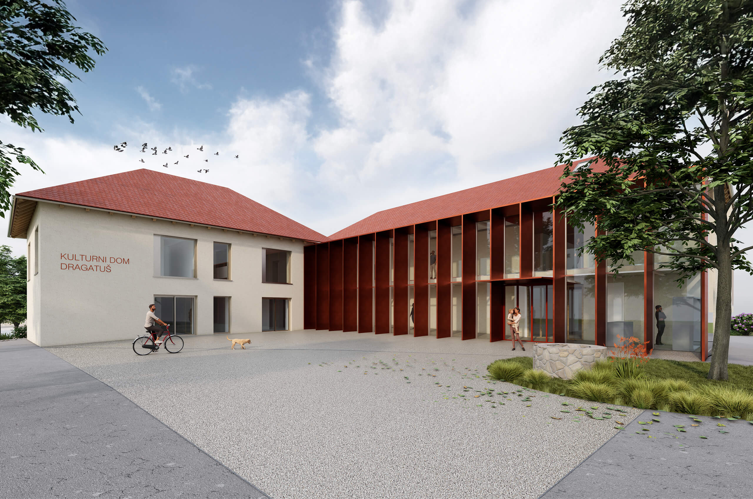 Prizidek prenovljenega Kulturnega doma Dragatuš z novo transparentno avlo.
