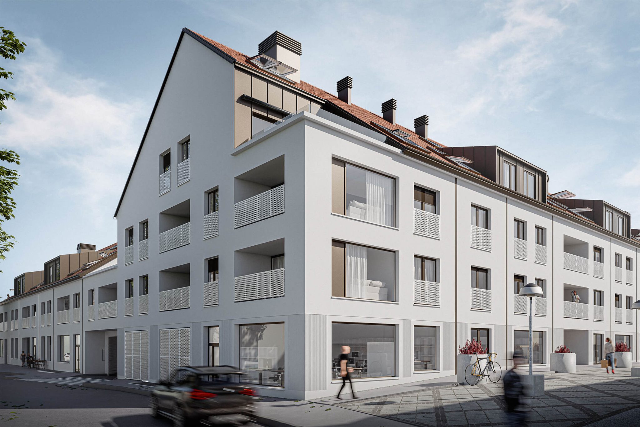 Pogled na balkon in mansardo večstanovanjskega objekta v Kamniku